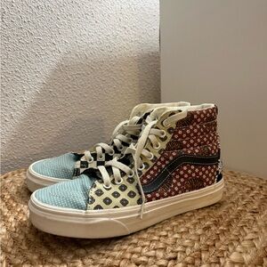 Vans Sk8-Hi Patchwork High-Top Sneakers in Blue, Cream, and Brown